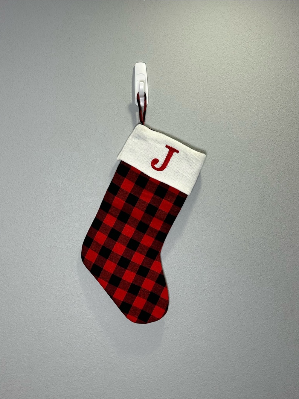 Personalized Red Buffalo Plaid Christmas Stocking with White Cuff - Monogram J